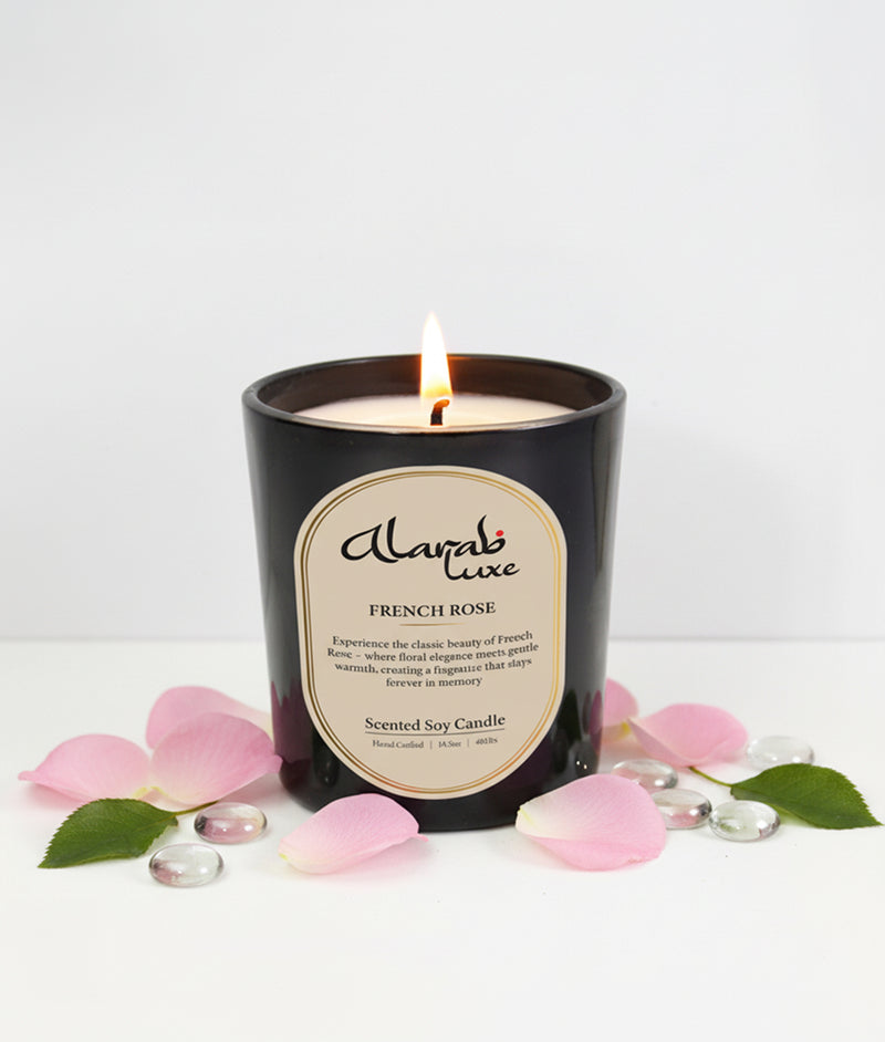 French Rose luxury jar candle in clear glass with wooden lid