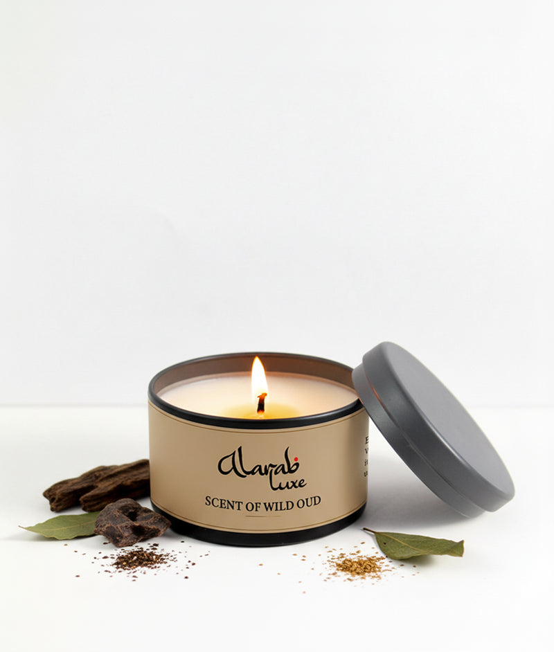 Scents of Wild Oud scented tin candle, front view