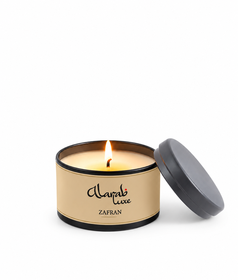Zafran saffron and amber scented tin candle