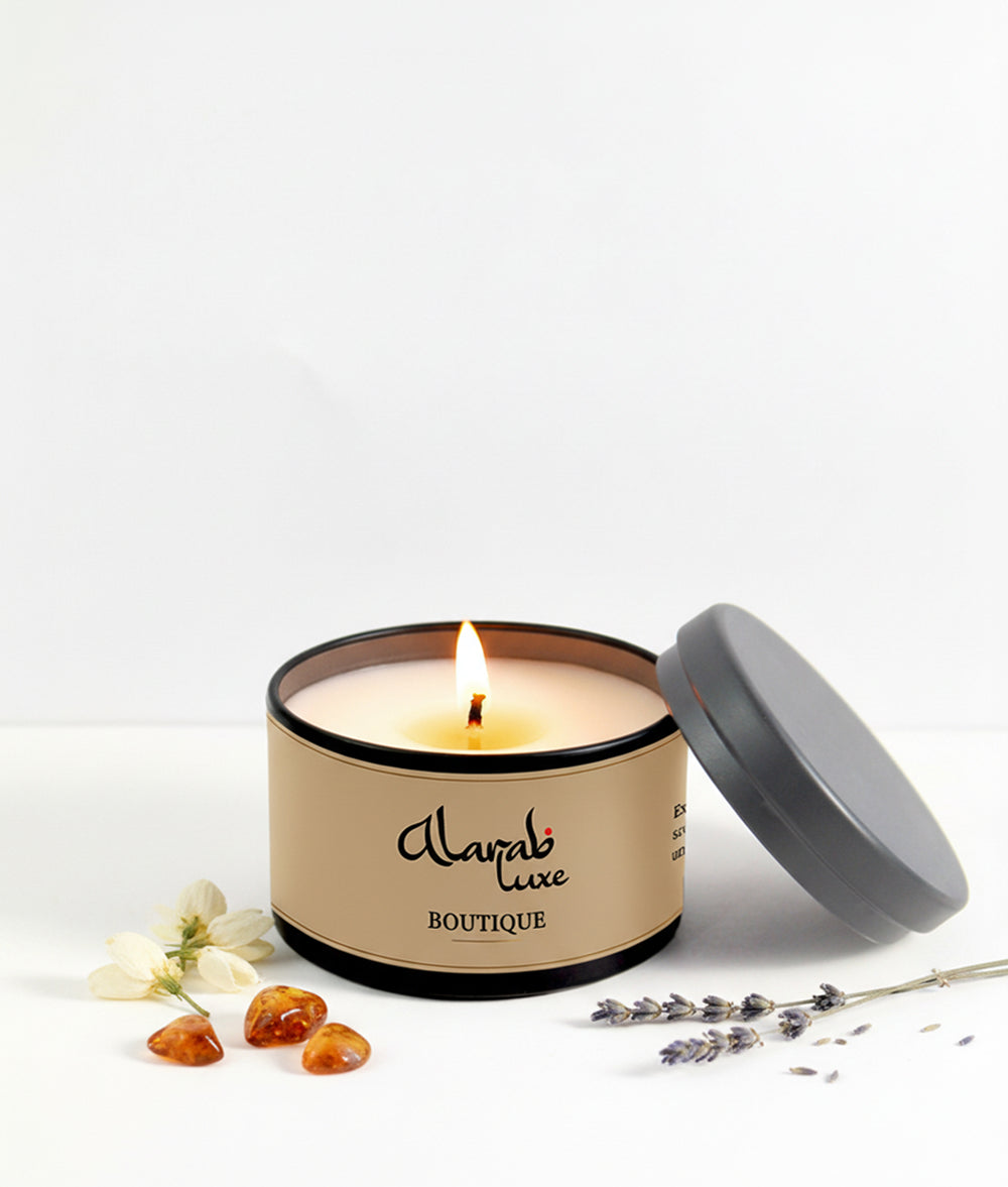Boutique tin candle, back view showing label