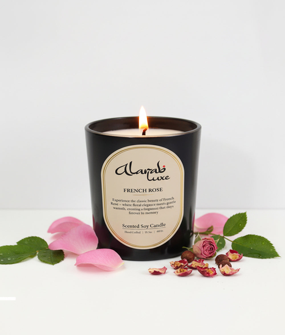 French Rose jar candle, back view with ingredient label