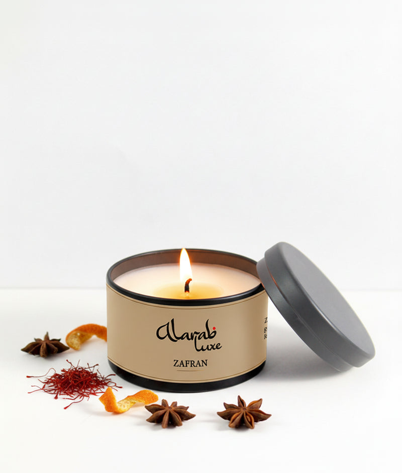 Zafran scented tin candle in metal tin, front view