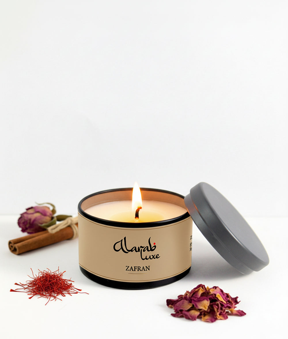 Zafran tin candle, back view showing label